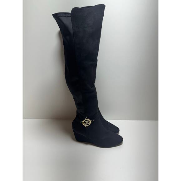 Bebe Women’s Hanan Sz9 M Black Knee High Boots Zip Up Wedge Heel Whimsy Goth - Picture 7 of 12